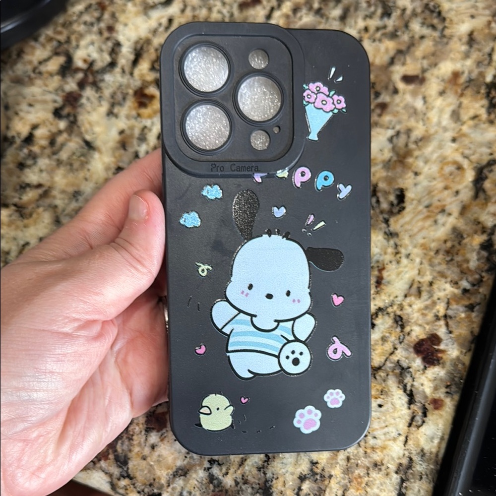 Cute Black Phone Case with Pochacco Design IPhone 15 Pro Case
